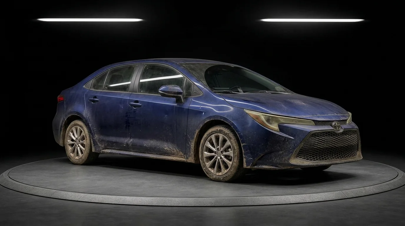 Toyota Corolla azul sujo e opaco antes da lavagem detalhada